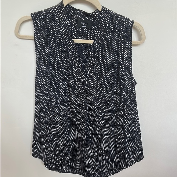 Vici Tops - Vici Black Polkadot Sleeveless Top with Mandarin Collar